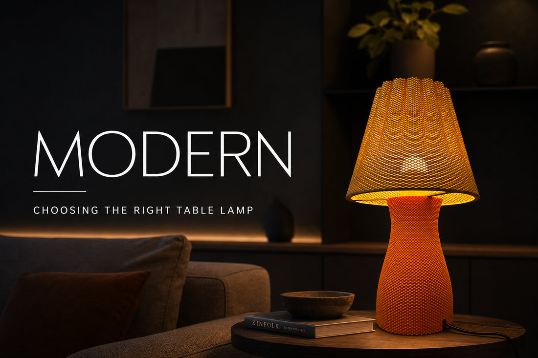 Modern bordslampa med varm belysning i ett elegant vardagsrum med texten Modern